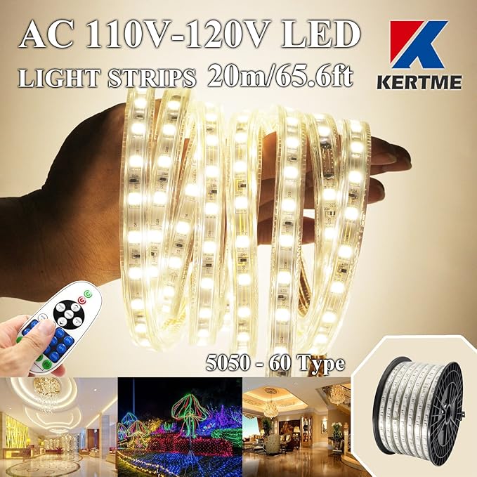 5050-60 Type AC 110-120V LED Strip Lights, Flexible/Waterproof/Dimmable/Multi-Modes LED Rope Light + 23 Keys Remote for Home/Garden/Building Decoration (65.6ft/20m, Natural White 4000K)