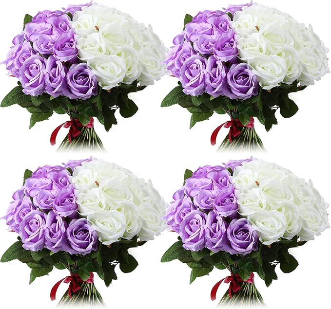 Hoemwarm 36 Pcs Silk Purple White Rose Bouquet Bridal Artificial Flowers,Fake Rose Long Stem Realistic Flowers Bulk for Wedding Bouquet Ball Arrangement Centerpiece Party Decor