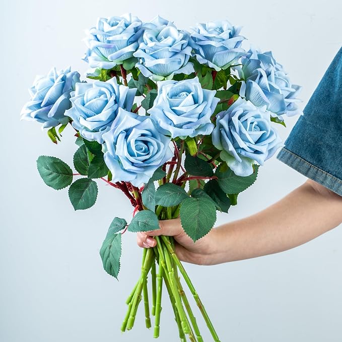 Fake Roses Faux Flowers Silk Roses 12PCS Artificial Roses with Stems Realistic Artificial Flowers Suitable for Indoor Home Decoration Diy Bouquet Wedding Decor Party Decoration (Blue)16.5“