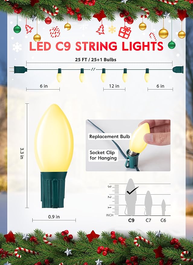 Vintage C9 LED Christmas Lights Outdoor, 25 Feet C9 String Lights with 25 Shatterproof Matte Bulbs, Connectable Waterproof Lights for Holiday Party Roofline Backyard Garden Patio, Warm White