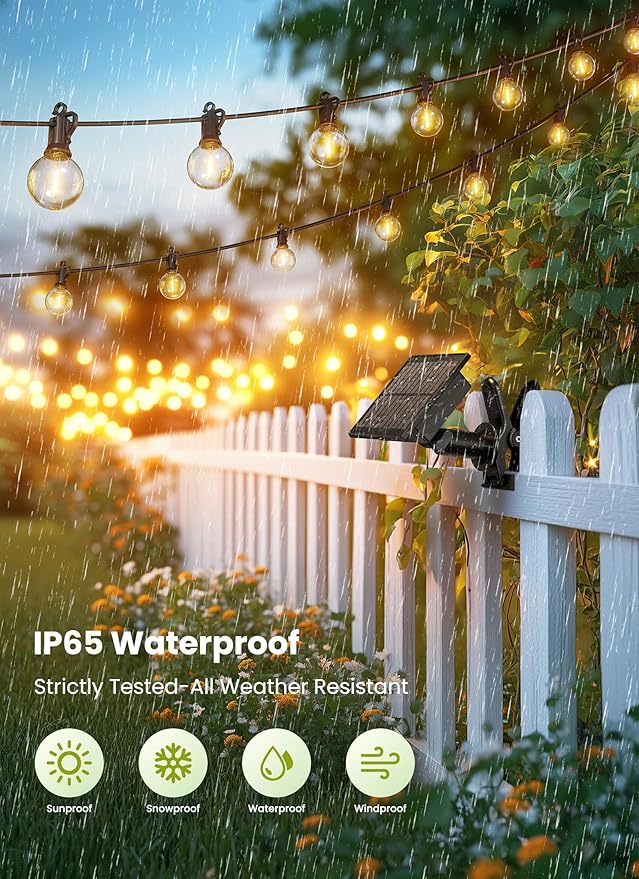 Brightown Solar String Lights Outdoor Waterproof with Remote Cable Ties and Hooks, 38FT Patio Lights with 15 LED Shatterproof Bulbs, 3 Light Modes, Dimmable Hanging Lights for Backyard Party Decor
