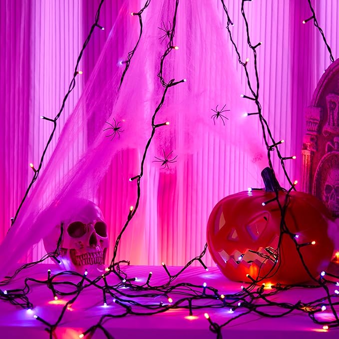 Halloween 200 LED String Lights, 72FT Orange and Purple Halloween Lights Outdoor Decorative,11 Modes with Remote Plug in Halloween Indoor Lights for Halloween Yard Party Decorations