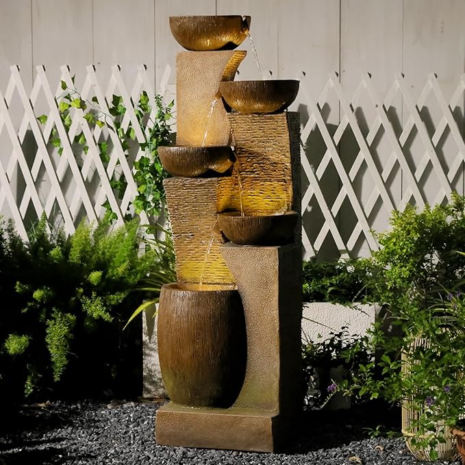 51.4" H Large Water Fountain Outdoor&Indoor, 5-Tiers Cascading Modern Feature Crocks Garden Fountains and Waterfalls with Warm Lights for Porch, Deck, Patio, Home Décor (Brown)