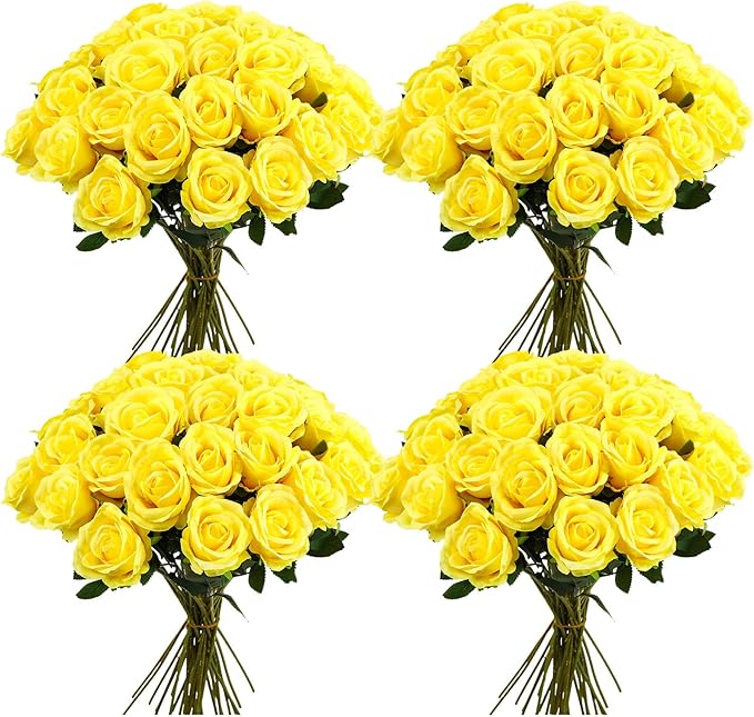 36 Pcs Silk Yellow Rose Bouquet Bridal Artificial Flowers,Fake Rose Long Stem Realistic Flowers Bulk for Wedding Bouquet Ball Arrangement Centerpiece Party Decor