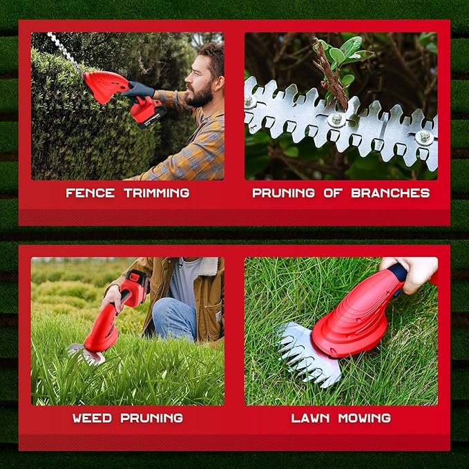 Hedge Trimmer Cordless - 1 Pack 21V Battery with Charger Powered Electric Mini Trimmers, 2 in 1 Handheld Hedge Shears + Grass Cutter Pruning Shrub Cutting Tool for Bush,Tree,Garden,Lawn,Yard