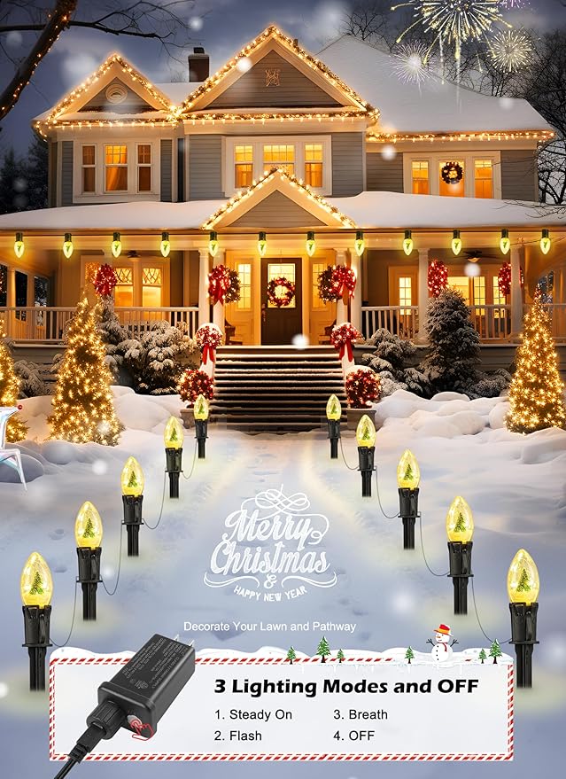 C9 Christmas Pathway Lights Outdoor, 25Ft 20 LED Christmas String Lights with Stakes, 3 Light Modes, Waterproof Connectable Christmas Decorations for Outside Lawn Yard Sidewalk Driveway, Warm White