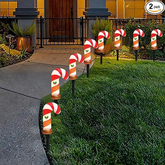 Christmas Candy Cane Pathway Lights Outdoor, 2 Sets 7Ft Christmas Outdoor Decoration String Lights with 8 Candy Cane Markers Stake Lights, Plug in Walkway Lights for Driveway Lawn Garden Yard Decor