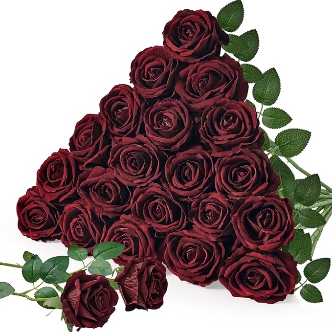 Serwalin 20pcs Artificial Dark Red Roses, 4'' Big Velvet Flower Head Fake Roses, Realistic Silk Roses Real Touch Bouquet Long Stems for Wedding Home Decor and Table Centerpiece
