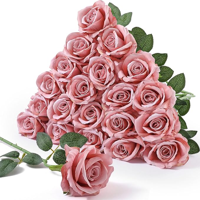 Serwalin 20PCS Artificial Roses, 4'' Big Flower Head, Dusty Pink Velvet Long Stem Roses, Silk Fake Roses Bouquet for Wedding Home Decor and Table Centerpiece