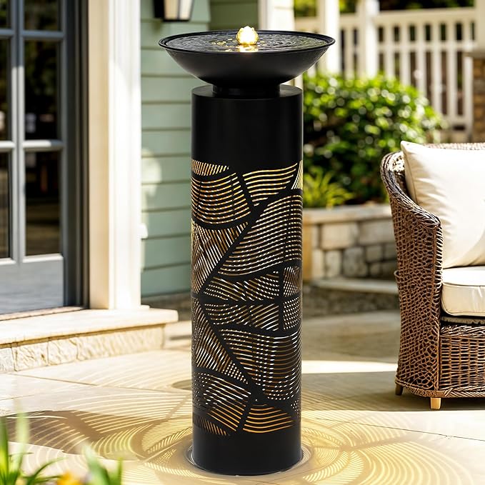 31.5" H Metal Cutout Geometric Patterns Outdoor Water Fountain with LED Lights, 2-Tier Modern Pedestal Waterfall Fountains, Ideal for Garden, Yard, Patio Décor