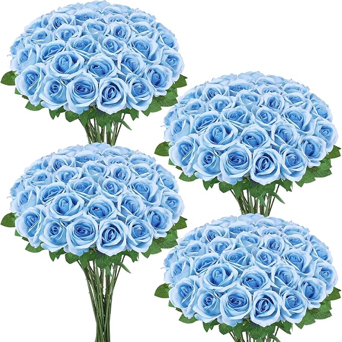 36 Pcs Sky Blue Artificial Roses with Long Stems, Blue Fake Silk Rose Artificial Flowers Bulk for Bridal Wedding Bouquet Centerpiece Ball Arrangement Party Decor