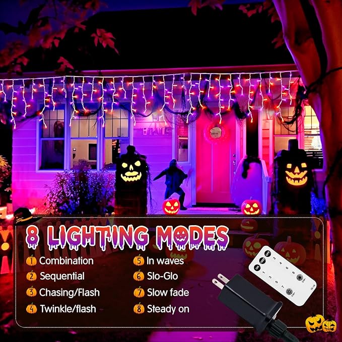 JMEXSUSS 400 LED Halloween Decor Orange and Purple Lights Outdoor, 8 Modes Orange Icicle Lights Indoor Outdoor Waterproof with Remote,Orange Halloween String Lights Plug in for Halloween Party Holiday