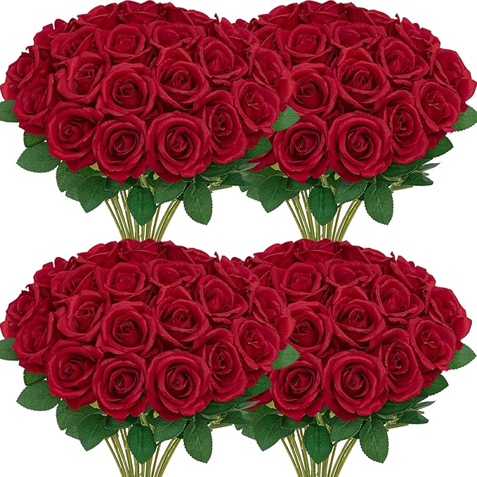 Serwalin 60 PCS Red Artificial Roses in Bulk, 3.15'' Flower Head Fake Silk Roses Realistic Roses for Bridal Bouquet Wedding Centerpieces Flower Arrangement Party Home Decor