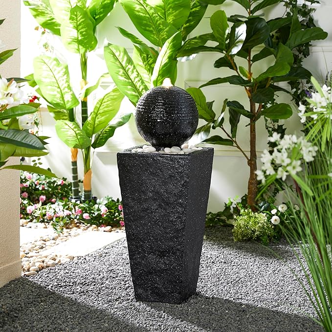 Glitzhome Outdoor Water Fountain with LED Light, Decorative Black Pedestal Water Fountains with Submersible Pump, Modern Sphere Floor Fountain with Pebbles for Garden Patio Decor Porch, 31.75”H