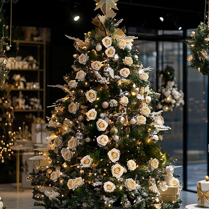 50 PCS Fake Champagne Roses, Artificial Flowers Bulk Realistic Silk Faux Rose with Stems for Wedding Decorations, Bridal Bouquets, Mother's Day Thanksgiving DIY Floral and Home Decor