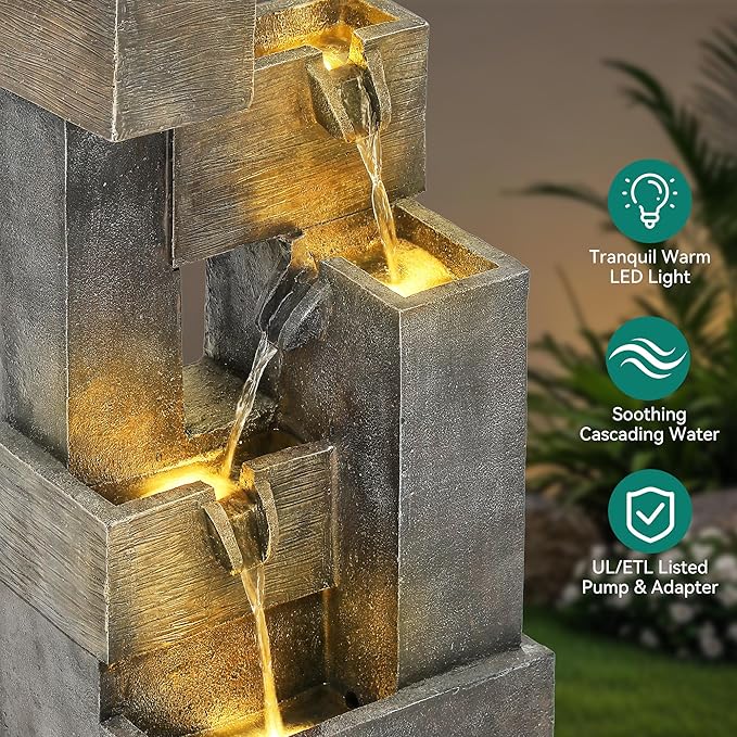 32.5" Modern Outdoor Water Fountain with LED Lights, 5-Tier Stacked Blocks Garden Fountain Cascading Waterfall Feature for Relaxing Garden, Patio, Backyard, Deck, Porch or Home Décor