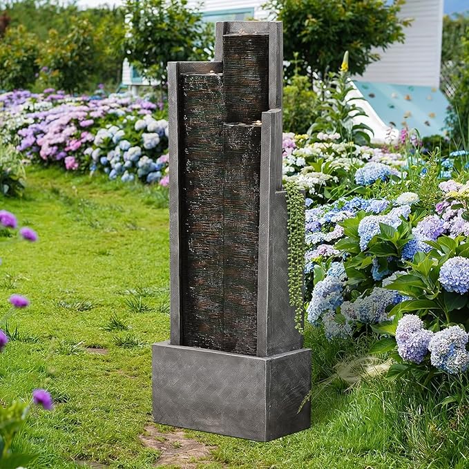 49.6" H Garden Fountains Outdoor Modern Cascading Indoor Water Fountain Tall Floor - Standing Fountain with Lights for Garden, Patio, Yard, Deck and Home Art Decor