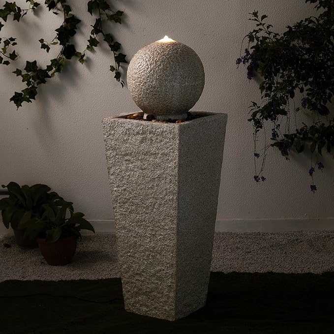 Glitzhome Outdoor Water Fountain with LED Light, Modern Oversized Sphere Pedestal Water Fountain with Submersible Pump, Modern Geometric Outdoor Fountains for Garden Patio Porch, 40.25" H