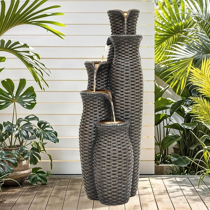 5-Tier Faux Rattan Vase Water Fountain Outdoor with LED Lights, Polyresin Cascading Waterfall Feature, Tranquil Oasis for Garden, Patio, Yard, or Porch