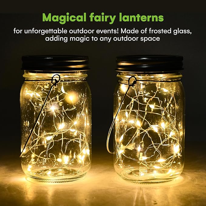 SteadyDoggie Solar Mason Jar Lights - Set of 2 Magical Patio Lights in Glass Lanterns - Hang Them Anywhere Outdoors for Enchanting Illumination - Waterproof and Decorative - 5.2" x 3"