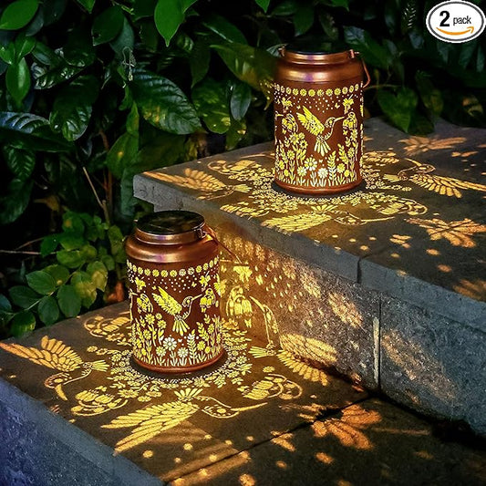 2 Pack Hummingbird Solar Lanterns Outdoor Waterproof Hanging Solar Lights Metal Decorative LED Lanterns Outside Decor for Garden,Yard,Patio,Lawn Gifts for Women Mom