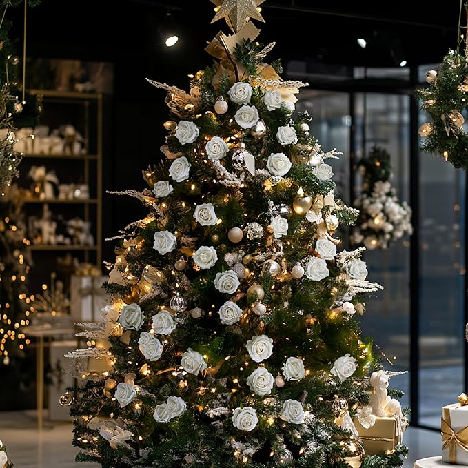 30 PCS Fake White Roses, Artificial White Flowers Bulk Realistic Silk Faux Roses with Stems for Wedding Decorations Table Centerpieces Bridal Bouquet DIY Floral Arrangement Event Party Home Decor