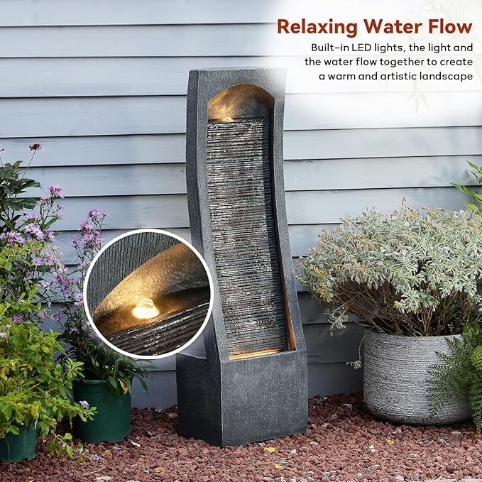 42.3" H Water Feature Outdoor Faux Slate Contemporary Waterfall Fountain Indoor for Garden, Backyard, Deck, Porch and Home Art Decor Large Outdoor Fountain with Lights