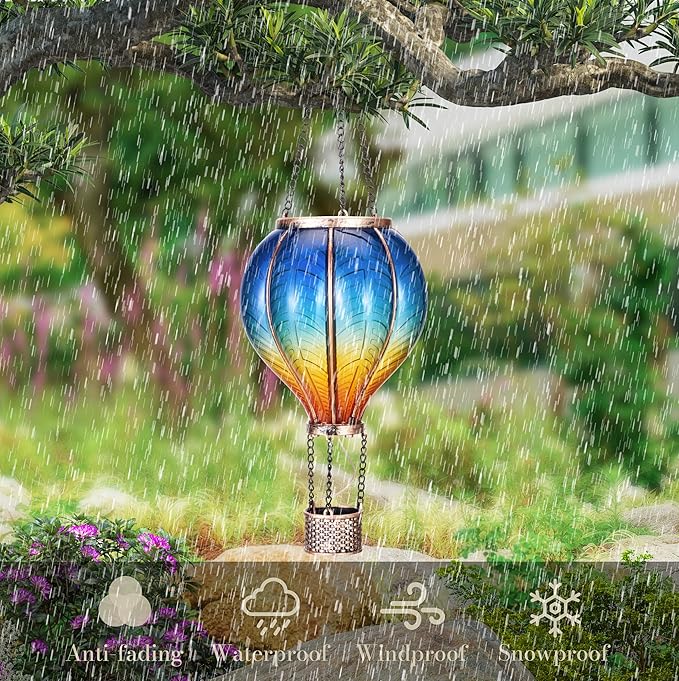 TERESA'S COLLECTIONS Hot Air Balloon Solar Lantern for Garden Decor ,Flickering Flame Hanging Solar Light for Outdoor ,Blue & Yellow Plastic Lamp for Yard Tree Gift for Mom