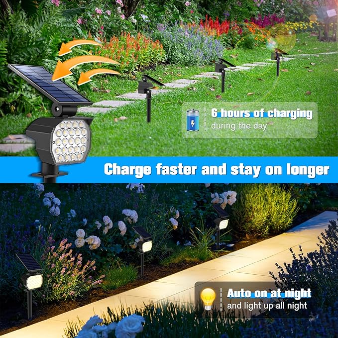 NIORSUN Solar Spot Lights Outdoor,23 LEDs Landscape Lighting with Auto On/Off and 3 Lighting Modes, IP67 Waterproof Spotlights,Outdoor Solar Lights for Yard Garden,6 Pack(Warm White)