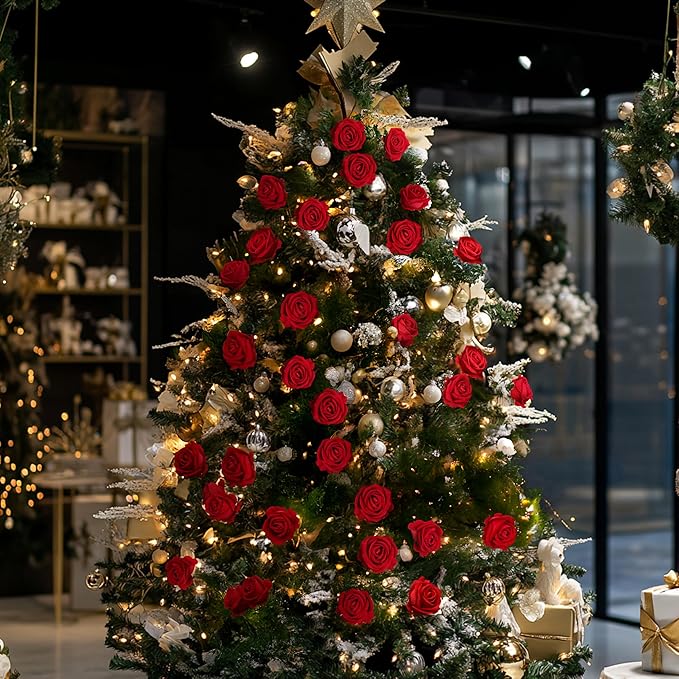 50 PCS Fake Red Roses, Artificial Red Flowers Bulk Realistic Silk Faux Rose with Stems for Wedding Decoration Anniversary Bridal Bouquet DIY Floral Arrangement Romantic Home Decor Gifts