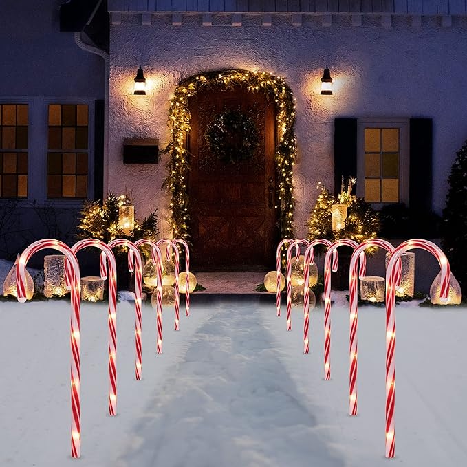 Joiedomi 17” Christmas Candy Cane Pathway Markers Lights with Stake, Set of 12 Christmas Candy Cane Stakes Lights for Christmas Party Walkway Patio Garden Holiday Outdoor Decoration