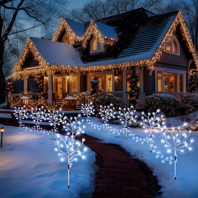 Enhon 5 Pack Snowflake Christmas Pathway Lights, 180 LED Garden Stake Lights with 8 Light Modes and Timer Function, Waterproof Xmas Decoration Tree Light for Outdoor Yard Lawn Patio Decor (Cool White)