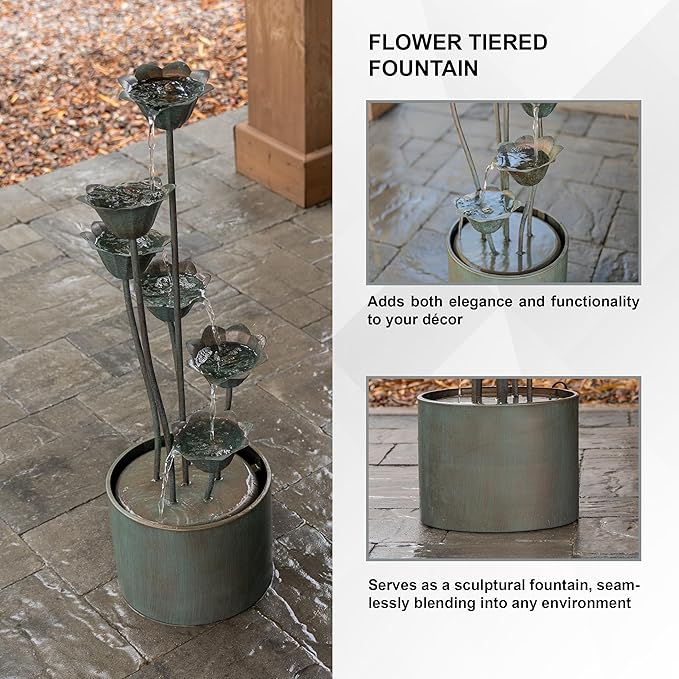 XBrand Sculptural Freestanding Metal Multi-Tiered Water Fountain w/Flowers, No LED Lights, Silver, 35" Tall