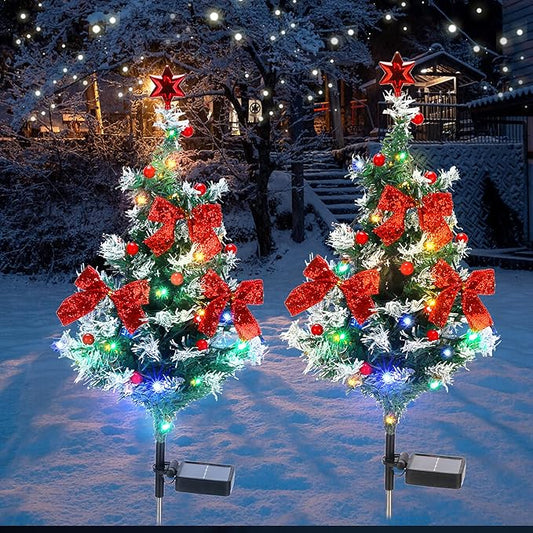 Solar Christmas Tree Light - Christmas Waterproof Small Pathway Lights, Outdoor Lights Christmas Decorations Cedar Xmas Tree with 20 LED Lights in 4 Colors for Garden/Yard/Patio, 2 Packs