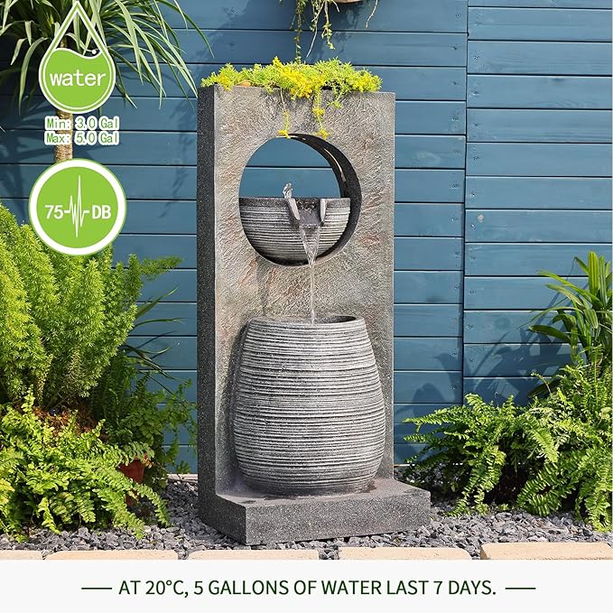 Water Fountain Outdoor Indoor - Modern Waterfall Garden Freestanding Fountain Curved Surface Artistry Design with LED Lights and Light Strip for Home Decor Patio Yard Pool,37.4 inches Tall