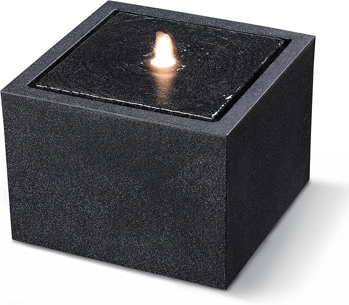 12.79” H Outdoor Water Fountain Made with Eco-Friendly Recyclable Materials, Polyethylene Square Bubbler Outdoor Fountain, Garden Decor with LED Light for Patio, Porch, Backyard