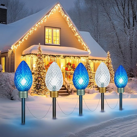 Moonflor Strawberry Super Jumbo Christmas Lights Outdoor - 11FT 5 LED Jumbo C9 Christmas Pathway Lights,Hanging String Lights,Christmas Lights Outdoor Decorations for Lawn Holiday Yard, Blue White