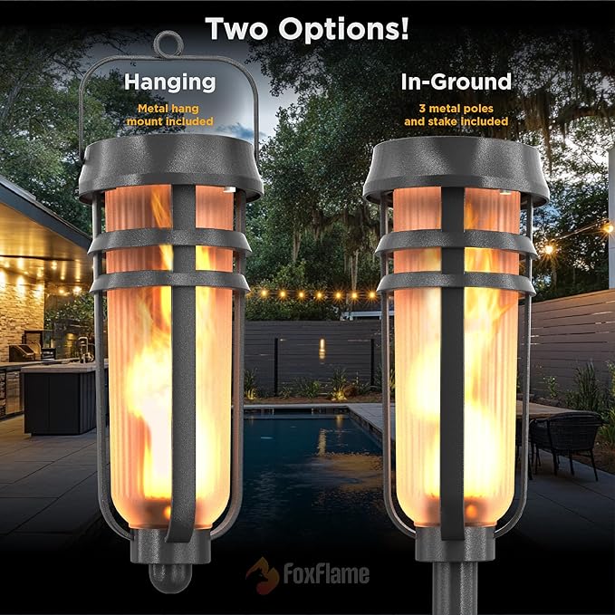 Metal Solar Torch Lights - Adjustable Height (24" - 50"), Outdoor Garden Decor with Patented LED, Waterproof Solar Tiki Torches for Yard, Patio, Garden Pathway, Matte Black – 2 Pack