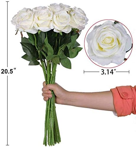 Amzali Artificial Flowers, Real Looking Blush Fake Rose Long Stem Silk Artificial Rose Flowers Home Decor for Bridal Wedding Bouquet, Centerpieces Birthday Flower Party Garden floral Arrangement White
