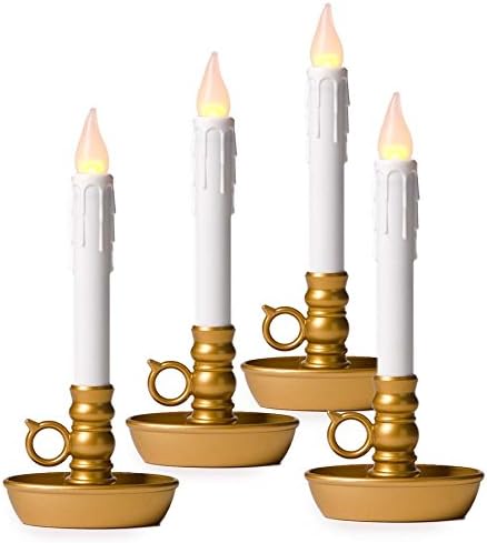 Plow & Hearth Set of 4 AA Battery Operated Window LED Candle Lamps | Auto Timer | Long Lasting Bulbs Never Need Replacing | Holiday Lights | Antique Gold Base | 9 1/2 H