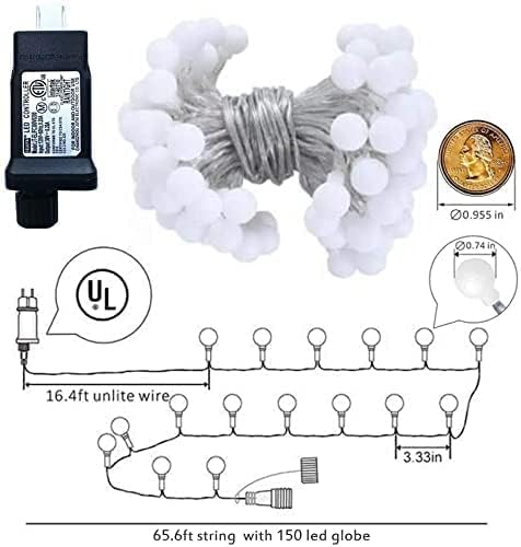 Globe String Lights Plug in 65.6 Feet 150 led,8 Modes Fairy String Lights,Indoor String Lights for Bedroom,Classroom,Outdoor String Lights for Patio,Garden,Party,Wedding-Warm White