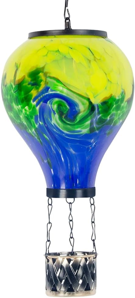 Tie-Dye Style Solar Hot Air Balloon Lantern with Flame, Glass Hot Air Balloon Solar Lantern Waterproof Outdoor Lanterns Decorative Lamp for Patio, Garden, Porch
