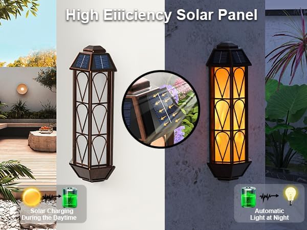 KINGLEAD 4 Pack Flickering Flame Solar Wall Lights - Outdoor Waterproof, Sensor with 2 Lighting Modes, Vintage for House Garden Porch Backyard Patio