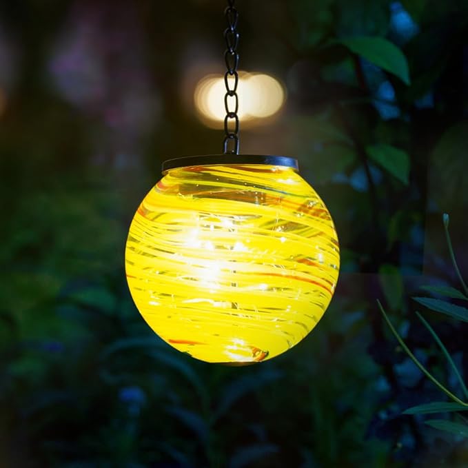 Solar Lanterns Outdoor Waterproof LED Lights 4.7" Glass Hanging Solar Lights with Metal Chain,Gazing Globe Ball Outdoor Decorative Lantern for Patio Pathway Yard Garden Decor(Yellow)