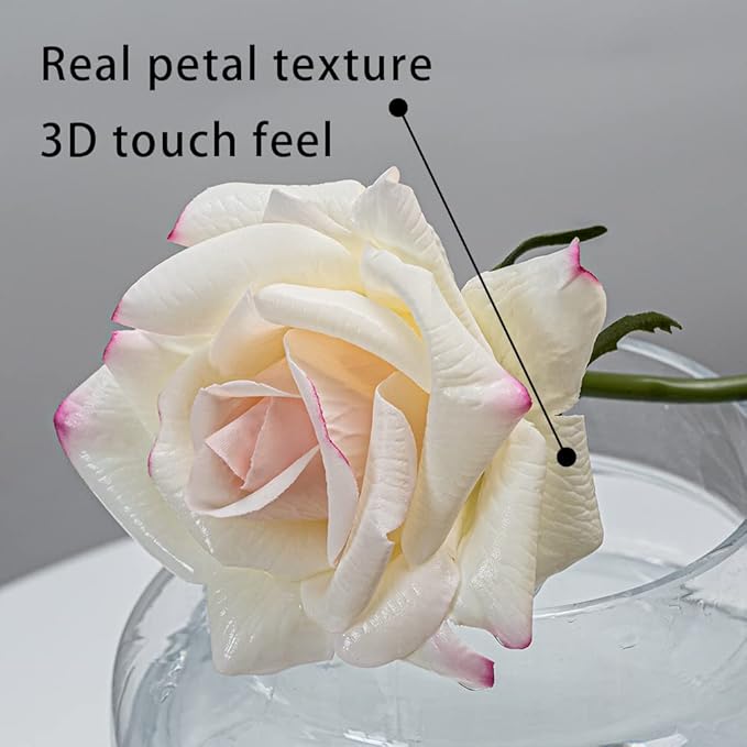 Artificial Roses Single Stem 10pcs Fake Silk Flower Arrangement Bouquet Real Touch for Home Party Wedding Decoration(Pink Edge)