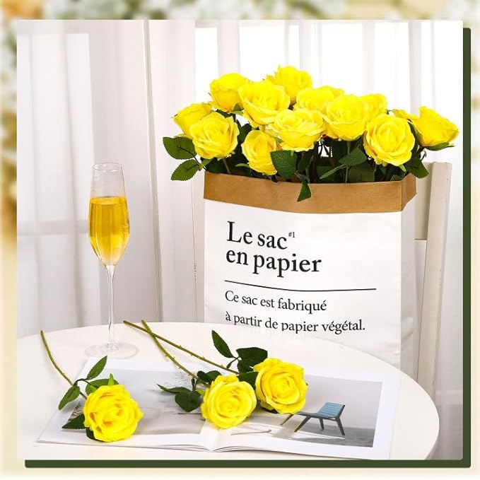 36 Pcs Silk Yellow Rose Bouquet Bridal Artificial Flowers,Fake Rose Long Stem Realistic Flowers Bulk for Wedding Bouquet Ball Arrangement Centerpiece Party Decor