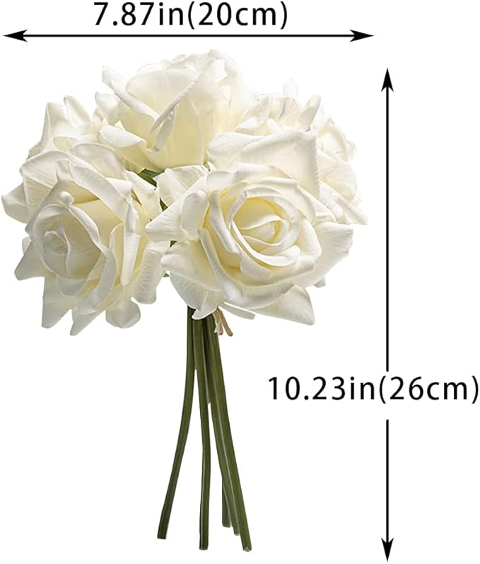 Artificial Roses Single Stem 10pcs Fake Silk Flower Arrangement Bouquet Real Touch for Home Party Wedding Decoration(White)