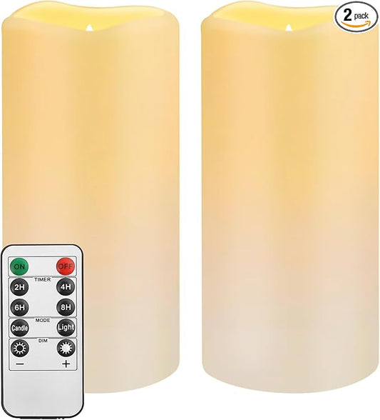Waterproof Flameless Remote Control Candles 2PACK(D3''*H5.5'')Battery Operated Flickering LED Pillar Candle,plastic with 10-Key 24Hours Timer for Outdoor/Indoor Party Garden Lanterns Porch Ivory