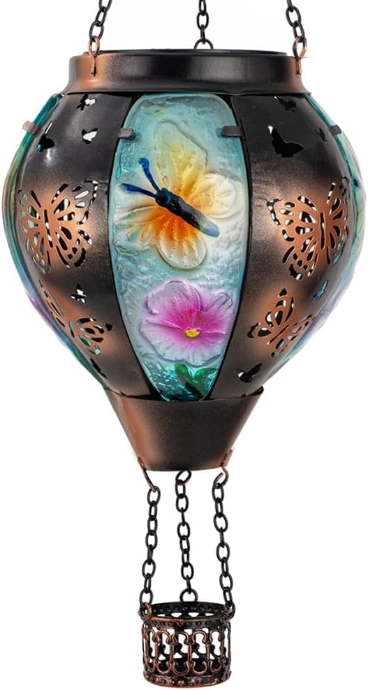 DREAMSOUL Butterfly Hot Air Balloon Solar Lantern, Glass & Metal Outdoor Lantern Hanging Solar Lanterns Outdoor Waterproof for Garden Patio Party