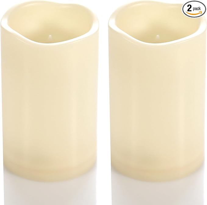 CANDLE CHOICE Waterproof Outdoor Battery Operated Flameless Candles with Timer Flickering Plastic Resin Electric LED Pillar Lights for Lantern Patio Garden Wedding Party Decorations 3x5 Inches 2 Pack